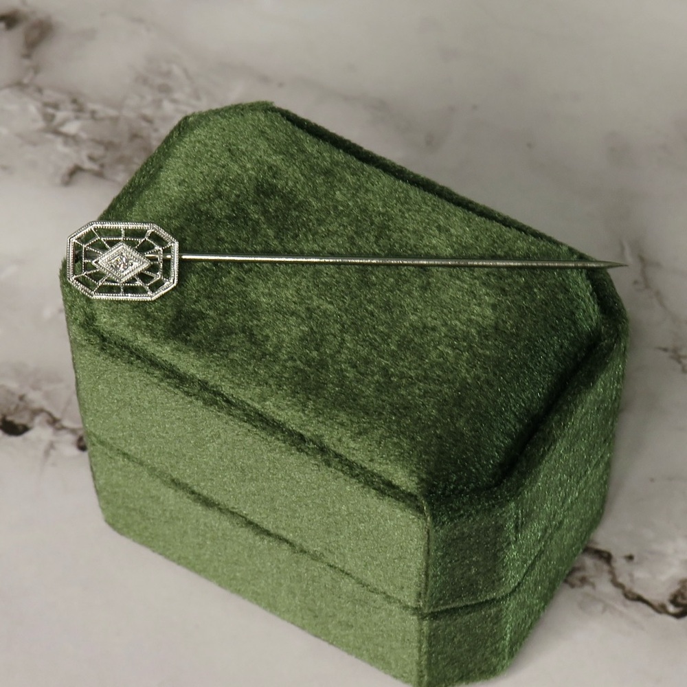 Art Deco Diamond 14k White Gold Antique Stick Pin 1.4g - Picture 6 of 6